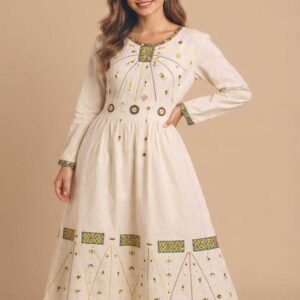 Handmade Beige Linen Dress – Hand-Embroidered by Siwan Artisans (2XL, One of a Kind)