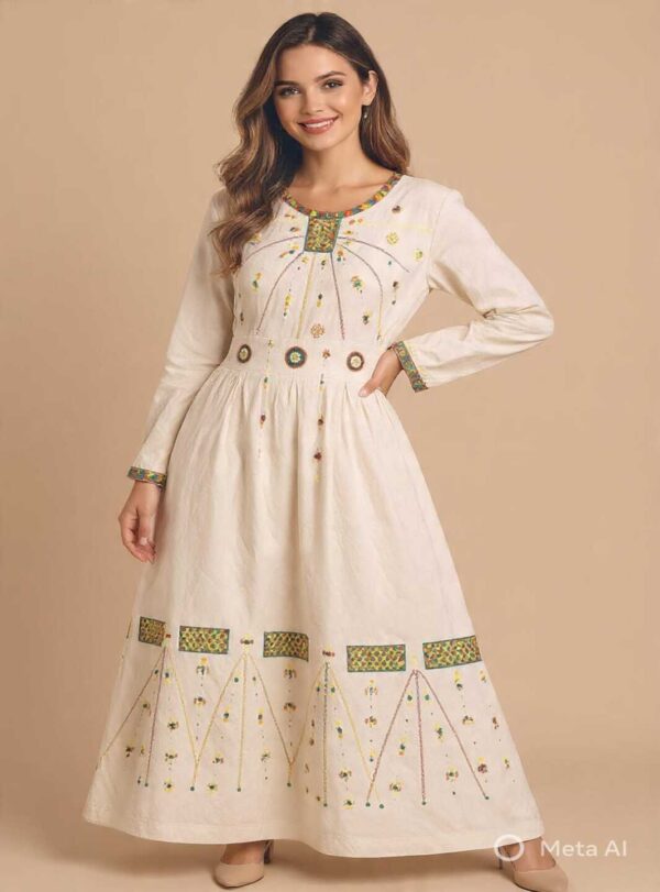 Handmade Beige Linen Dress – Hand-Embroidered by Siwan Artisans (2XL, One of a Kind)