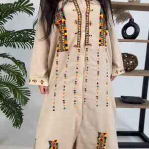 Hand-Embroidered Cotton-Linen Dress by Siwa Artisans – Beige  size  2XL, & 3XL