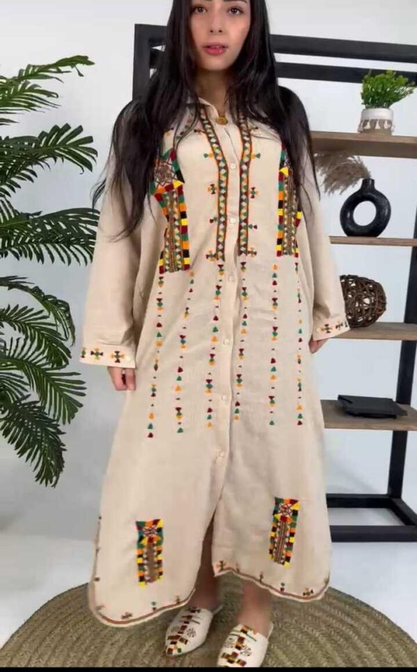 Hand-Embroidered Cotton-Linen Dress by Siwa Artisans – Beige  size  2XL, & 3XL