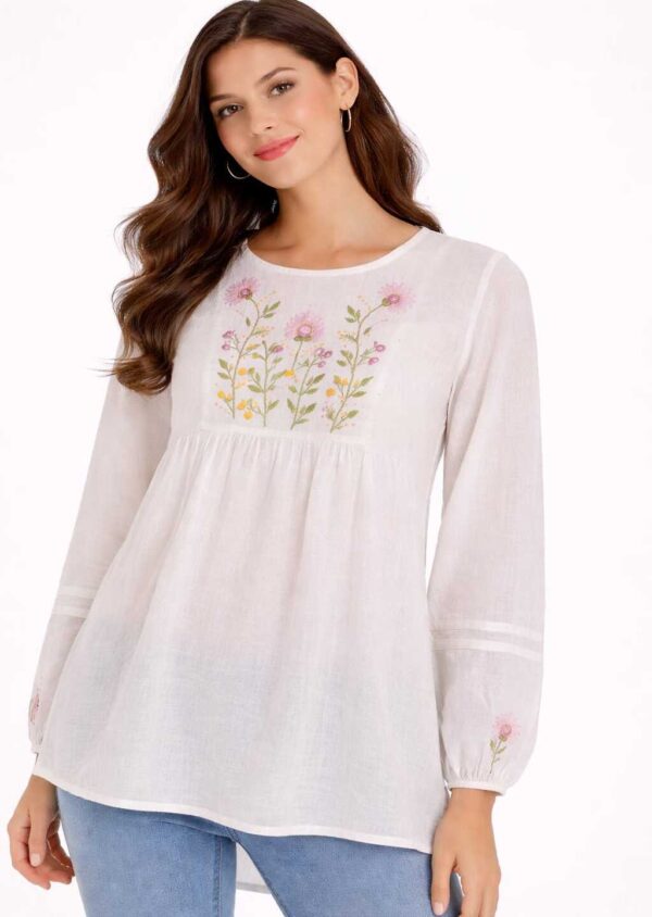 Handmade Egyptian Embroidered Cotton Voile Blouse – Unique Artisan Piece size 2XL