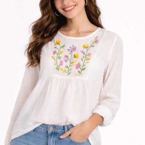 Handmade Egyptian Embroidered Cotton Voile Blouse – Unique Artisan Piece size XL