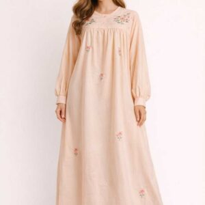 Light salmon Hand-Embroidered Cotton Nightgown – Classic Vintage Style – 5XL Long Sleeve