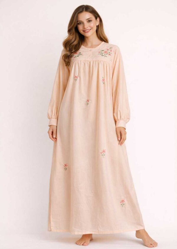 Light salmon Hand-Embroidered Cotton Nightgown – Classic Vintage Style – 5XL Long Sleeve
