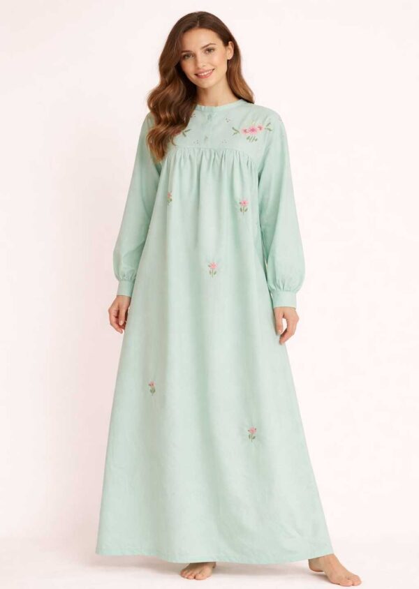 Light Green Hand-Embroidered Cotton Nightgown – Classic Vintage Style – 5XL Long Sleeve
