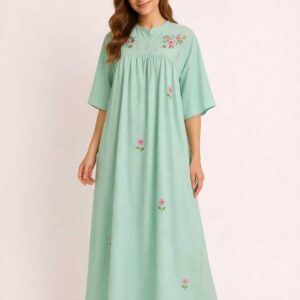 Light Green Hand-Embroidered Cotton Nightgown – Vintage Classic Style – Short Sleeve – Plus Size (2XL–5XL)
