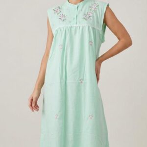 Light Green Sleeveless Hand-Embroidered Cotton Nightgown – Vintage Classic Style – XL to 3XL