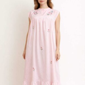 Pink Sleeveless Hand-Embroidered Cotton Nightgown – Vintage Classic Style – 2XL