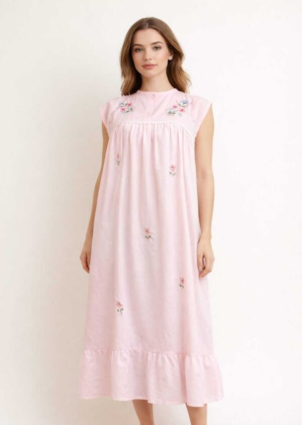 Pink Sleeveless Hand-Embroidered Cotton Nightgown – Vintage Classic Style – 2XL