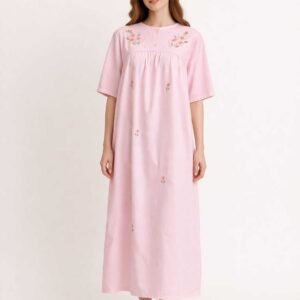 Pink Hand-Embroidered Cotton Nightgown – Vintage Classic Style – Short Sleeve –  Size 2XL