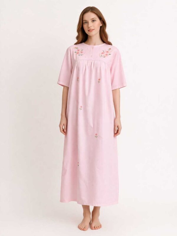 Pink Hand-Embroidered Cotton Nightgown – Vintage Classic Style – Short Sleeve –  Size 2XL