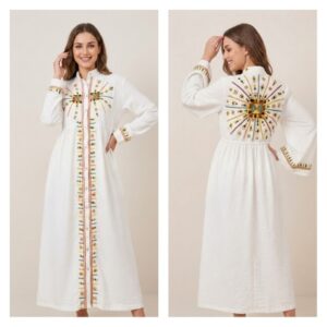 Handmade White Cotton & Linen Dress – Hand-Embroidered by Siwan Artisans , One of a Kind  Free size up to 3XL