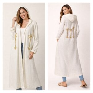 Pure Linen White Hand-Embroidered Cardigan with Gold Beads – Size 2XL