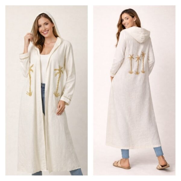 Pure Linen White Hand-Embroidered Cardigan with Gold Beads – Size 2XL