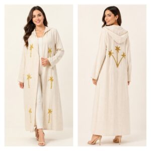Pure Linen Beige Hand-Embroidered Cardigan with Gold Beads – Size 3XL