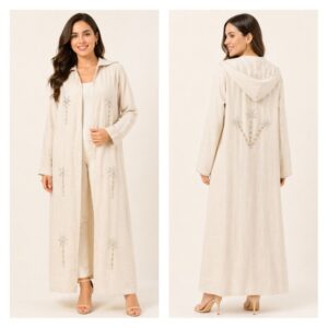 Pure Linen Beige Hand-Embroidered Cardigan with Gold  and silver Beads – Size L