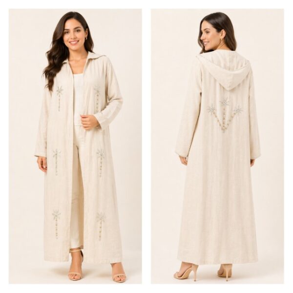Pure Linen Beige Hand-Embroidered Cardigan with Gold  and silver Beads – Size L