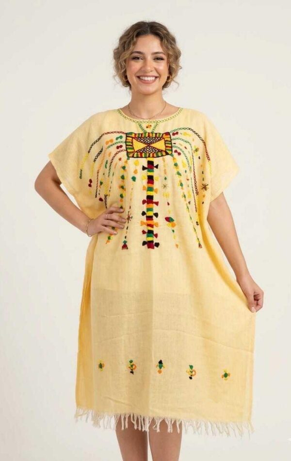 Handwoven Yellow Linen Poncho hand embriodered in Siwa - free size