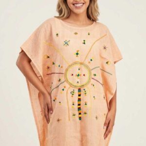 Handwoven Light peach Linen Poncho hand embriodered  in Siwa  - free size