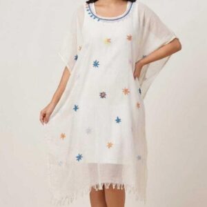 Handwoven off white Linen Poncho hand embriodered  in Saint Catherine  - free size