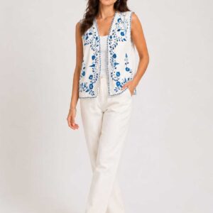 Pure White Linen vest with  Handcrafted floral Embroidery one of a kind size 2XL