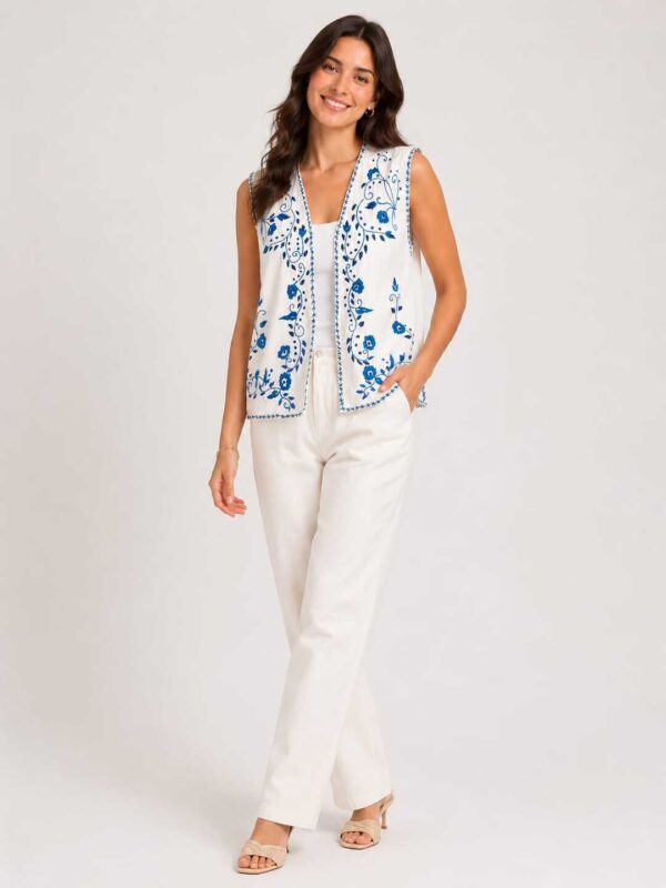 Pure White Linen vest with  Handcrafted floral Embroidery one of a kind size 2XL