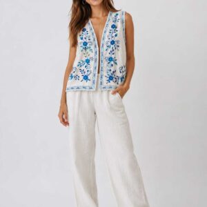 Pure White Linen vest with  Handcrafted floral Embroidery one of a kind size XL
