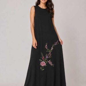 Black Sleeveless Cotton Dress with Authentic Handmade Floral  Embroidery 2XL