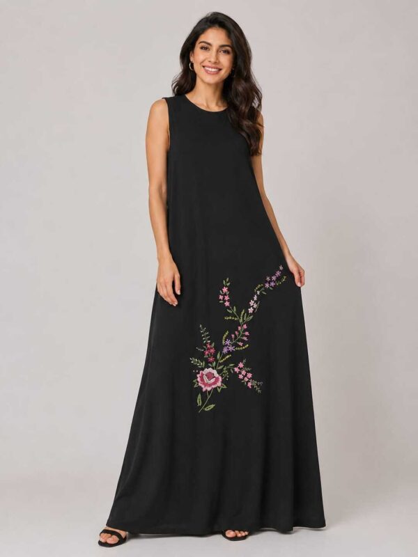 Black Sleeveless Cotton Dress with Authentic Handmade Floral  Embroidery 2XL