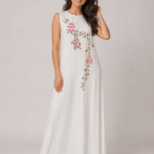 White Sleeveless Cotton Dress with Authentic Handmade Floral Embroidery Size XL