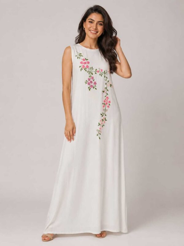 White Sleeveless Cotton Dress with Authentic Handmade Floral Embroidery Size XL