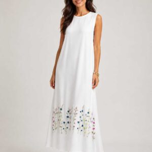 White Sleeveless Cotton Dress with Authentic Handmade Floral Embroidery Size  3XL