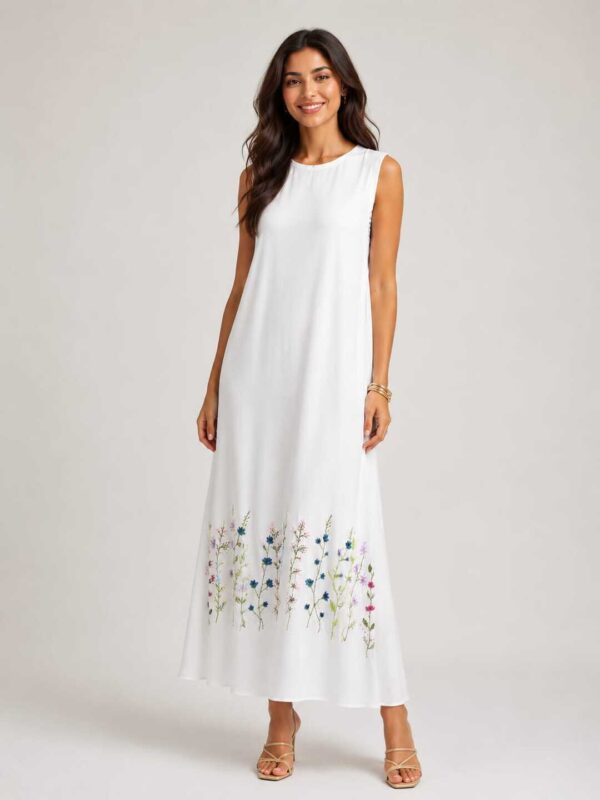 White Sleeveless Cotton Dress with Authentic Handmade Floral Embroidery Size 3XL