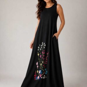 Black Sleeveless Cotton Dress with Authentic Handmade Floral  Embroidery XL