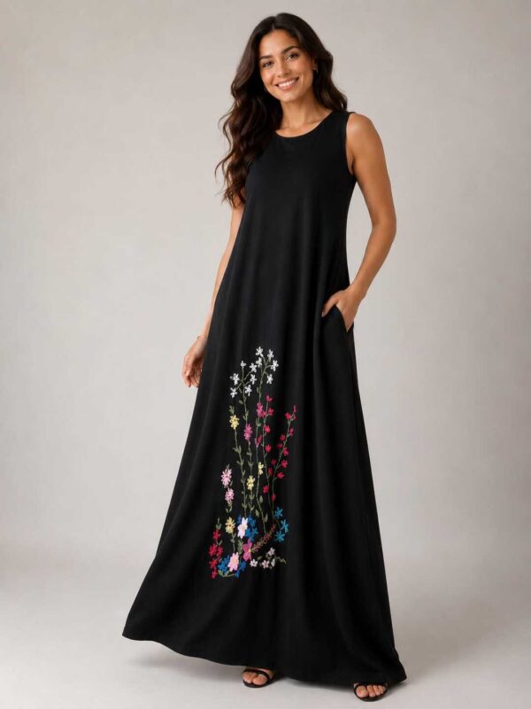 Black Sleeveless Cotton Dress with Authentic Handmade Floral  Embroidery XL