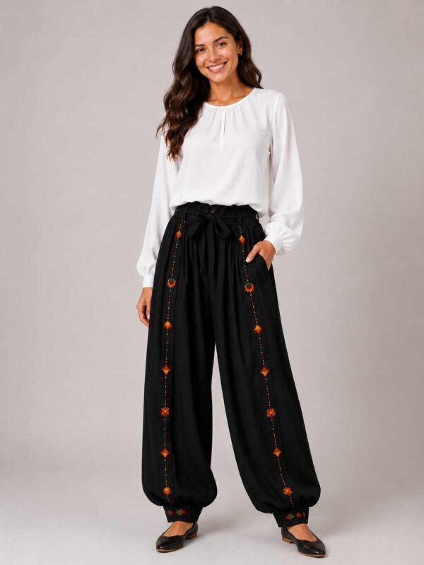 Hand-Embroidered black Cotton Shirwal | Free Size up to 2XL | Made by Siwa Women | Desert-Inspired Motifs