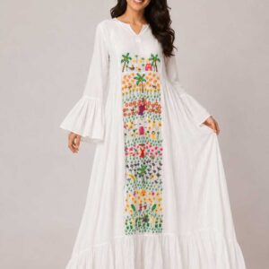 White Viscose Dress | Hand-Embroidered by Sohag Women with Village-Inspired Motifs | Size XL