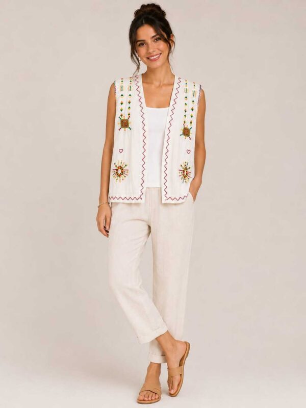 Handmade white Linen Vest – Hand-Embroidered by Siwan Artisans (2XL, One of a Kind)