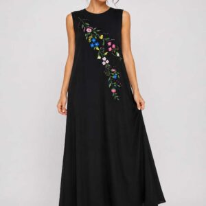 Black Sleeveless Cotton Dress with Authentic Handmade Floral  Embroidery 3XL