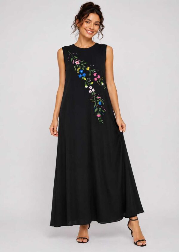Black Sleeveless Cotton Dress with Authentic Handmade Floral  Embroidery 3XL
