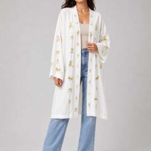 Handmade Spanish Linen Cardigan with Pharaonic Embroidery – White – Size 2XL