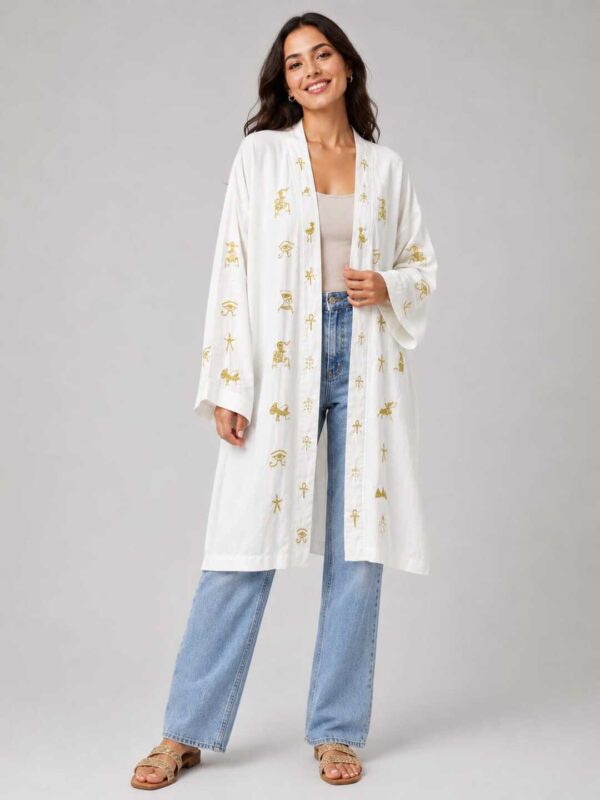 Handmade Spanish Linen Cardigan with Pharaonic Embroidery – White – Size 2XL