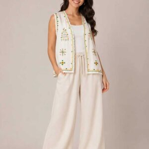 Handmade white Linen Vest – Hand-Embroidered by Siwan Artisans (XL, One of a Kind)