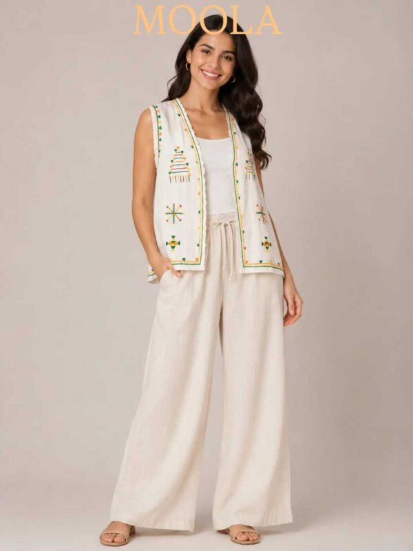Handmade white Linen Vest – Hand-Embroidered by Siwan Artisans (XL, One of a Kind)
