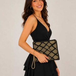 Black Suede Clutch with Handmade Silver & Golden Beads Embroidery