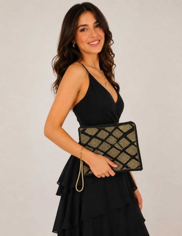 Black Suede Clutch with Handmade Silver & Golden Beads Embroidery