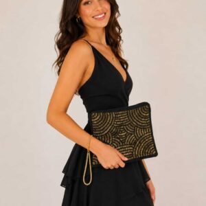 Black Suede Clutch with Handmade Golden Bead Embroidery