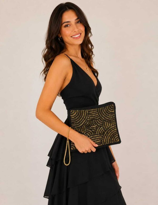Black Suede Clutch with Handmade Golden Bead Embroidery