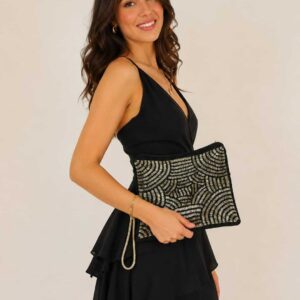 Black Suede Clutch with Handmade Silver Beads Embroidery