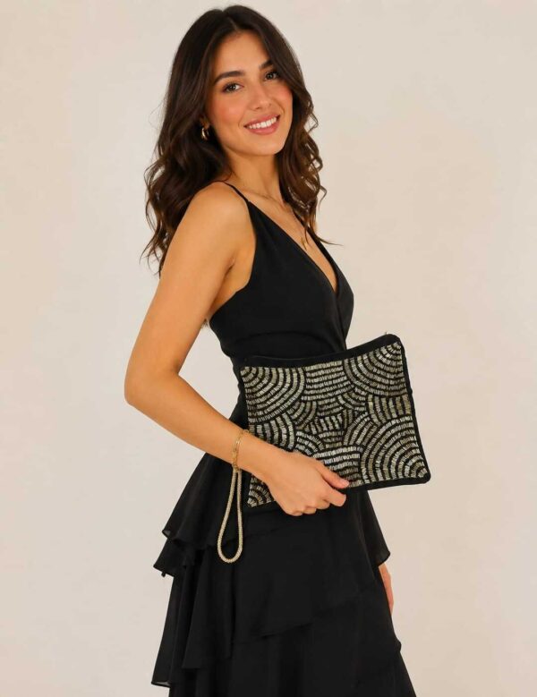 Black Suede Clutch with Handmade Silver Beads Embroidery